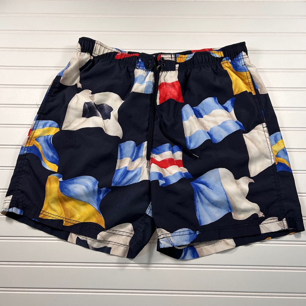 Nautica Quick Dry Nautical Flag Swim Trunks Mens M Navy Blue Mesh Lined